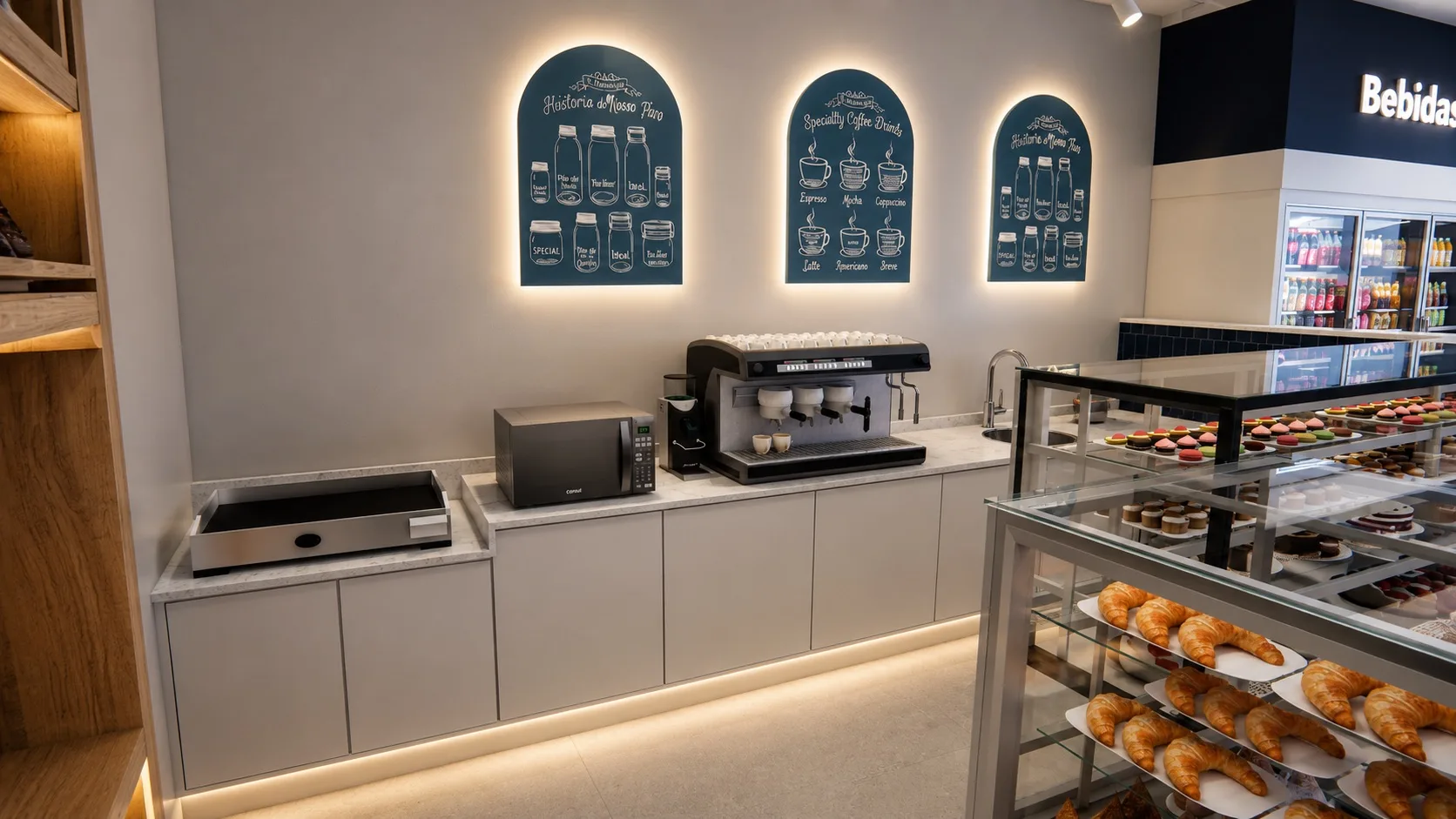 Área de café de padaria com quadros de menu