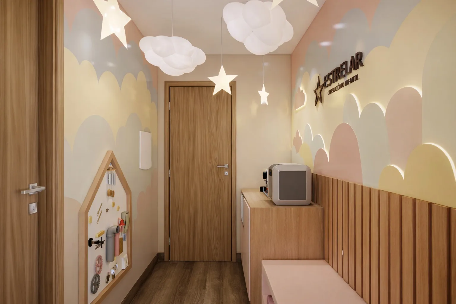 Recepção de consultório infantil com nuvens e estrelas